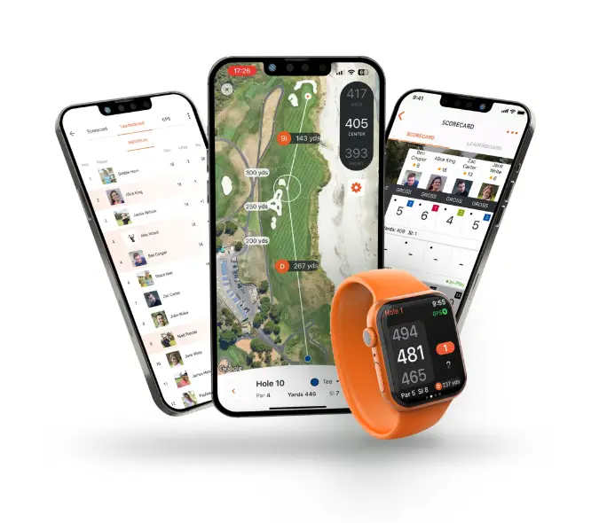 Three phones displaying a GPS golf course map, scorecards and leaderboards from the VPAR GPS golf app with VPAR wearable.