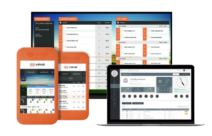 Two phones, a TV screen and a laptop displaying scorecards, leaderboards and tournaments from the VPAR golf app.