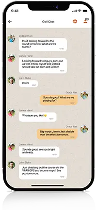 Phone displaying the golf chat feature from the VPAR golf app.