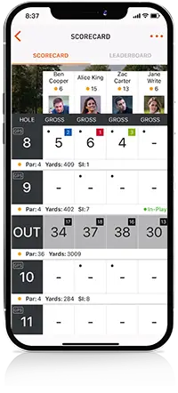 Phone displaying a digital scorecard from the VPAR golf app.