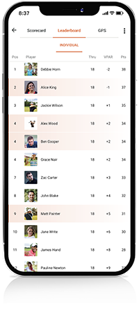 Phone displaying live leaderboards from the VPAR golf app.