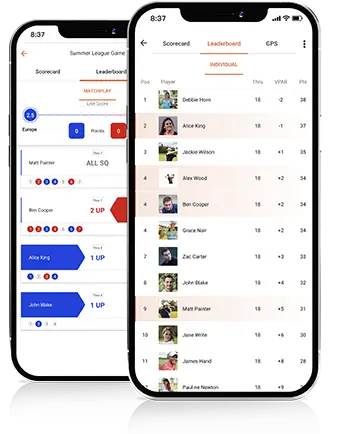 Group of two phones displaying VPAR golf scorecards and leaderboards.