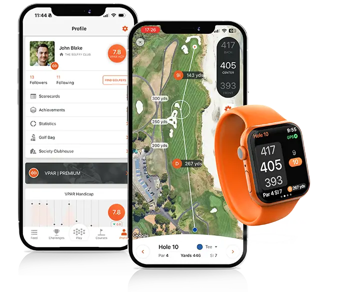 Two phones displaying user profile and a GPS golf course map from the VPAR golf app alongside a wearable - Apple watch.