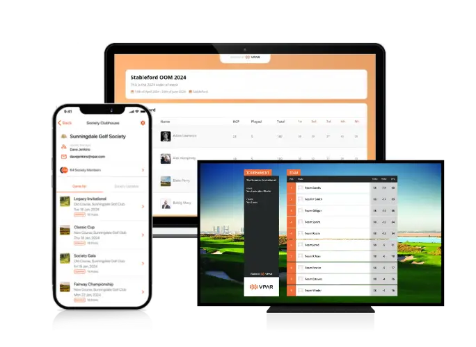 A phone, laptop and TV screen displaying VPAR golf society and leaderboards.