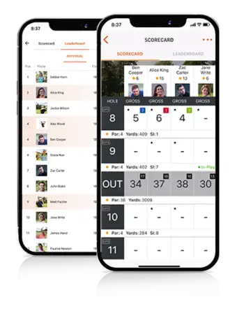 Two phones displaying scorecards and leaderboards in the VPAR golf app.