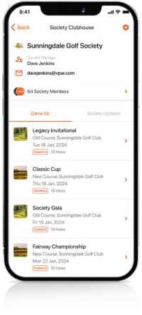 Phone displaying the society clubhouse feature from the VPAR golf app.