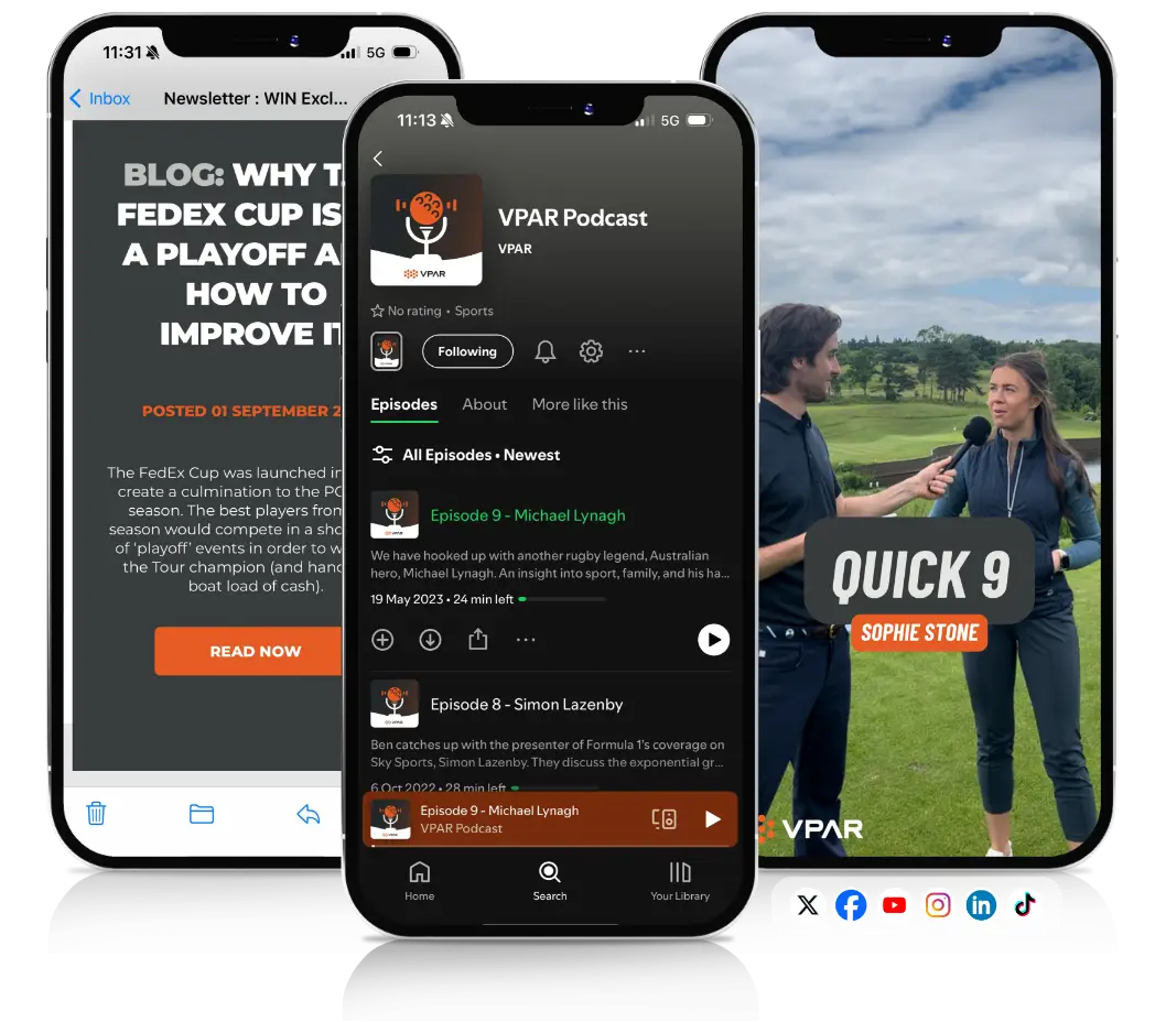 Group of three phones displaying VPAR golf podcast, socials and newsletters.