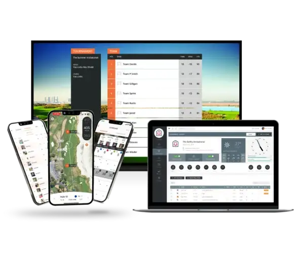 Three phones, TV screen and laptop displaying GPS golf course maps, scorecards and leaderboards.