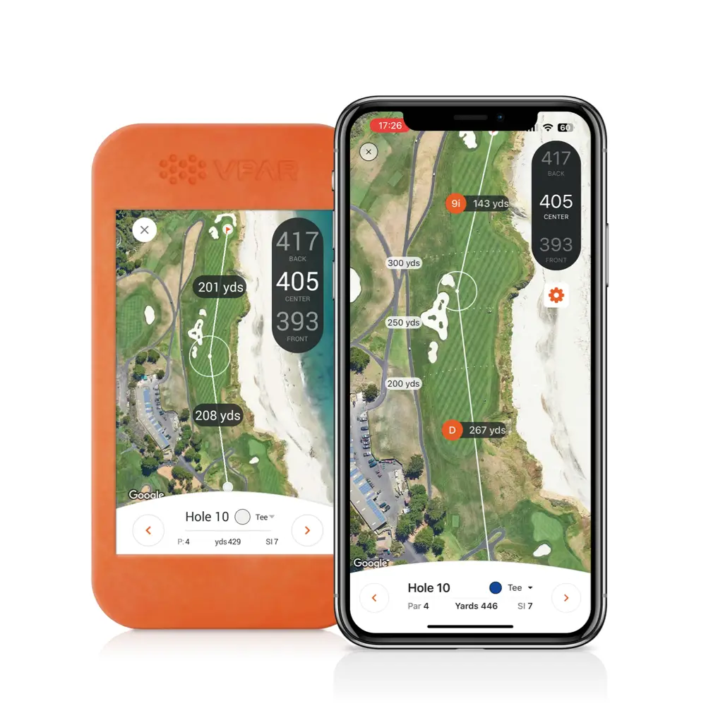 Two phones displaying GPS golf course map and yardages.