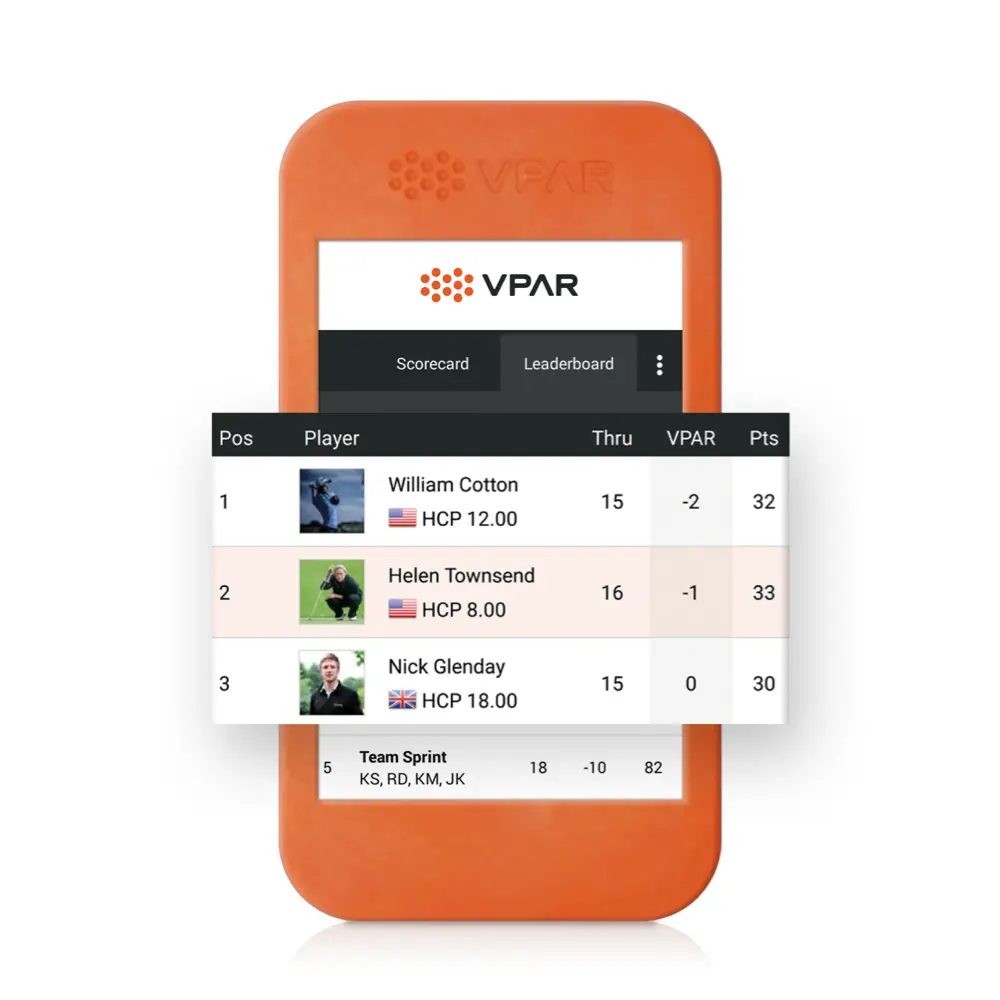 Phone displaying on-course leaderboards from the VPAR golf app.