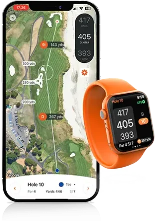 Phone displaying a GPS golf course map from the VPAR golf app alongside a VPAR wearable - Apple smart watch.